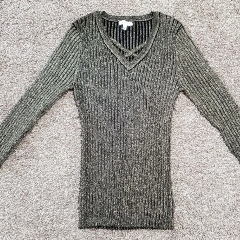 Women's A'gaci Stretch Ribbed Long Sleeve Sweater Top Size L Gold Black